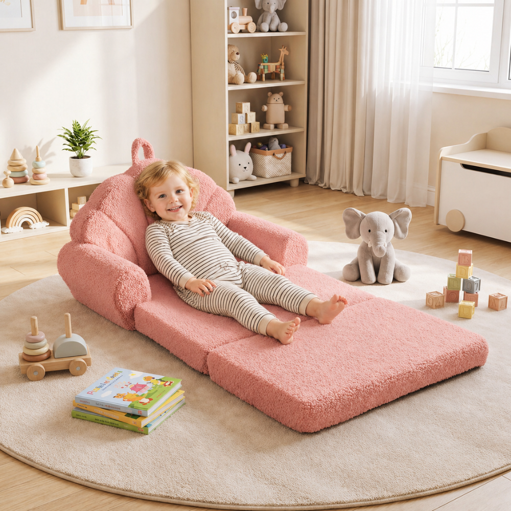 Kids Convertible Fold Out Sofa And Toddler Lounger With Non-Slip Base