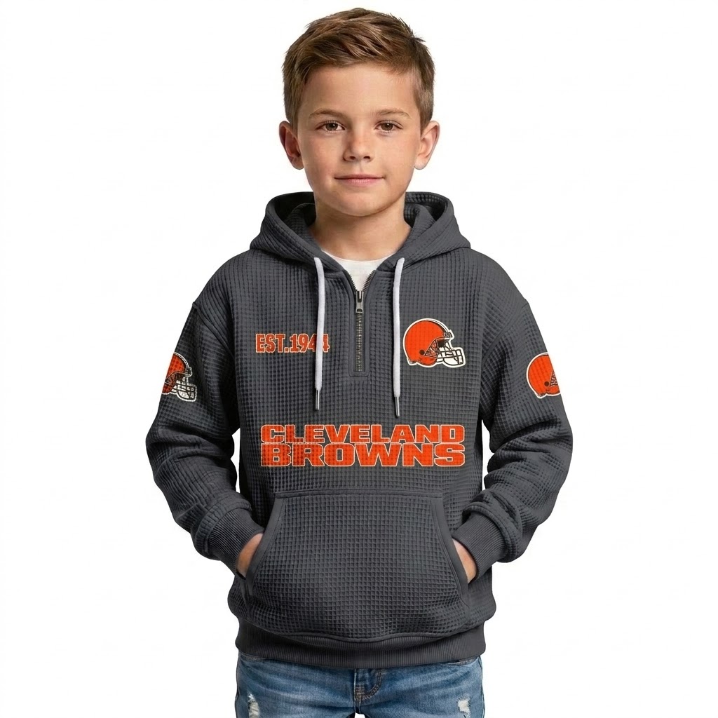 Waffle Quarter Zip Hoodie With Vintage Sports Design For Kids