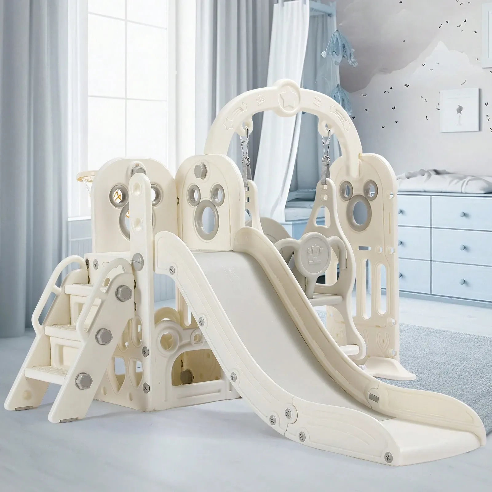 Kids Slide And Swing Set With Basketball Hoop