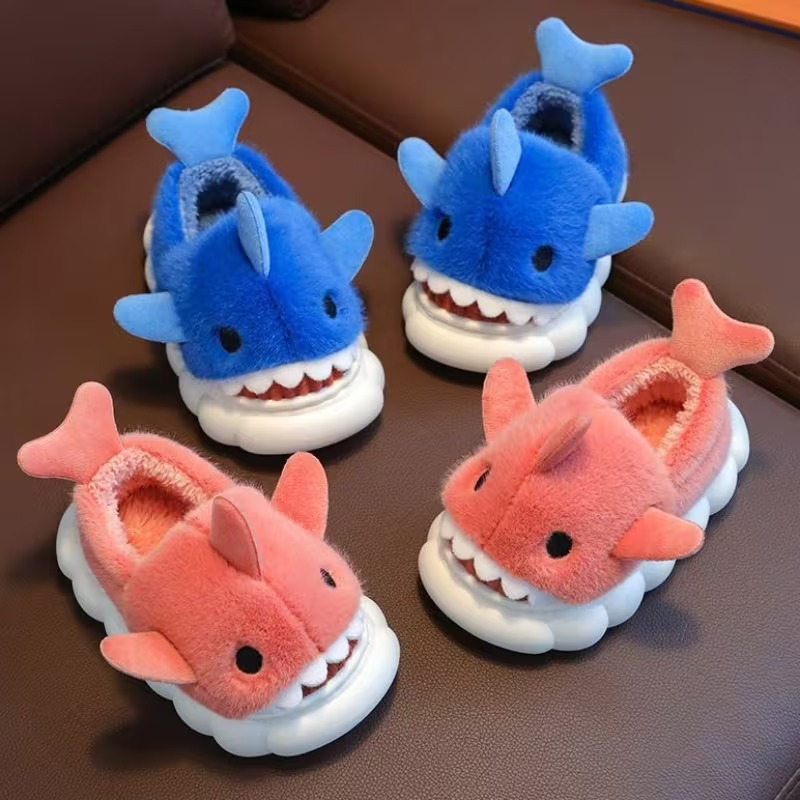 Cartoon Shark Plush Slippers With Fleece Lined Comfort
