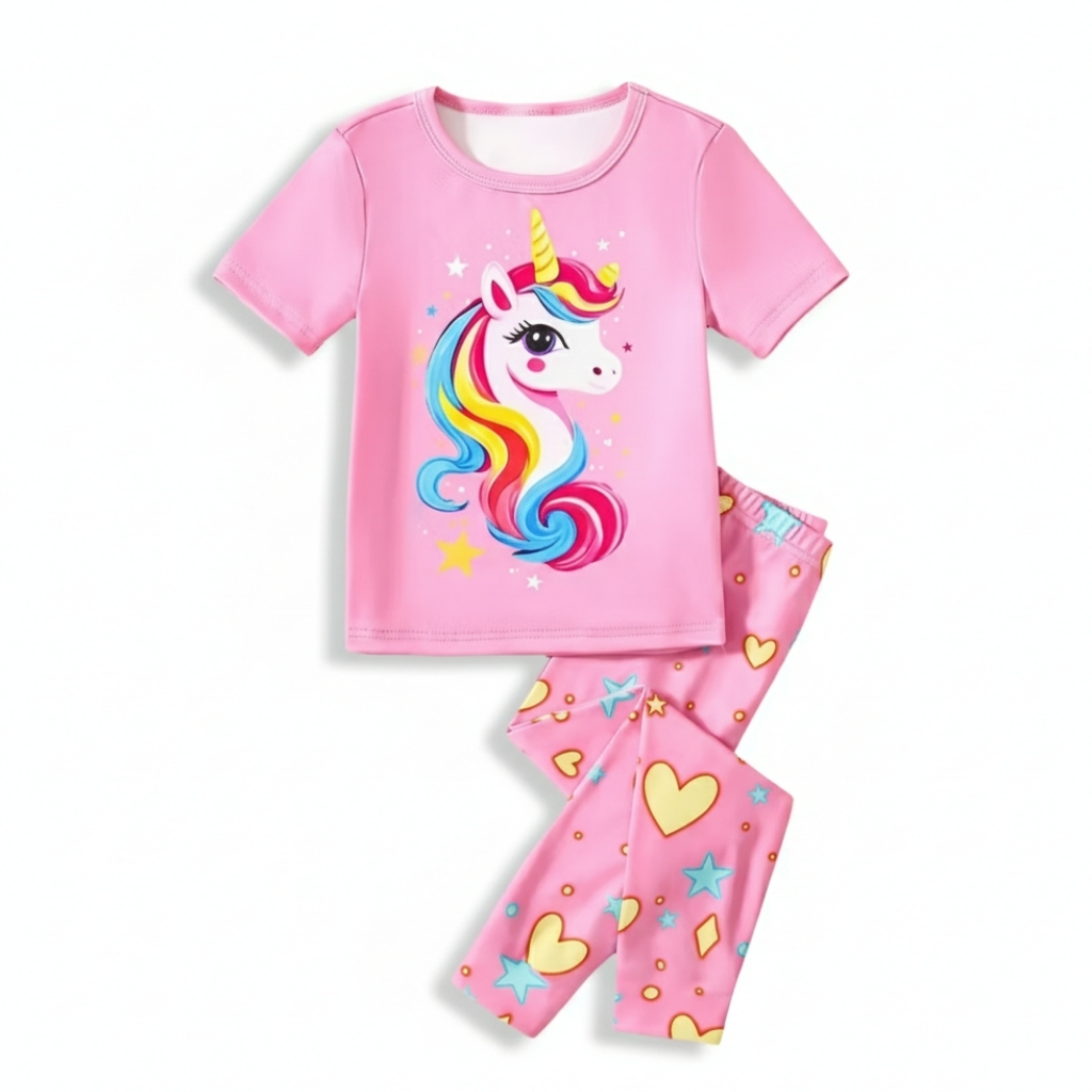 Unicorn Print Short Sleeve Long Pant Pajama Set