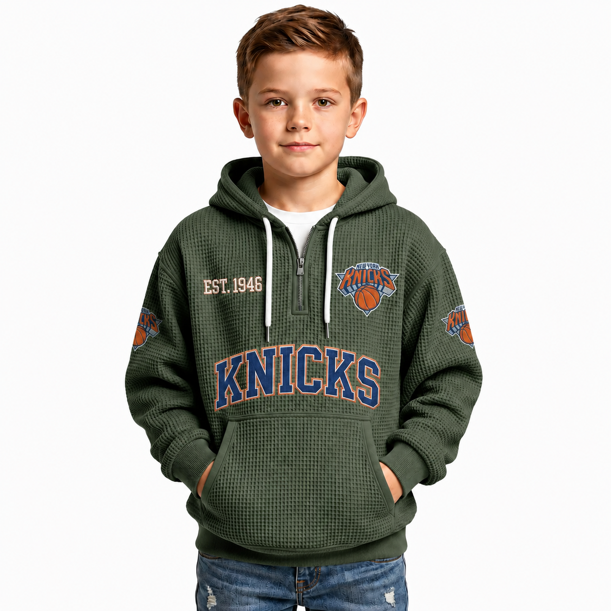 New York Knicks EST 1946 Printed Waffle Quarter Zip Basketball Fan Hoodie For Kids