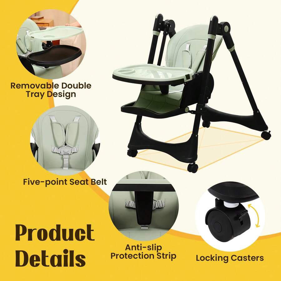 GCCSJ Baby High Chair6-In-1 Foldable Baby High Chair For 0-36 Months - 5 Height Adjustable Convertible Infant Toddler Feeding Chair, Removable Easy-Clean Tray & Locking Wheels, Soft PU Seat High Chair With Safety Harness, Multi-Stage High Chair For Home Dining, Travel & Small Spaces, Available In 6 Colors(The Best Christmas Gift For Children) - Black Green + Universal Wheel - View 7