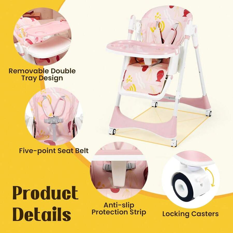 Baby High Chair6-In-1 Foldable Baby High Chair For 0-36 Months - 5 Height Adjustable Convertible Infant Toddler Feeding Chair, Removable Easy-Clean Tray & Locking Wheels, Soft PU Seat High Chair With Safety Harness, Multi-Stage High Chair For Home Dining, Travel & Small Spaces, Available In 6 Colors(The Best Christmas Gift For Children) - Pink + Omnidirectional Wheels - View 9