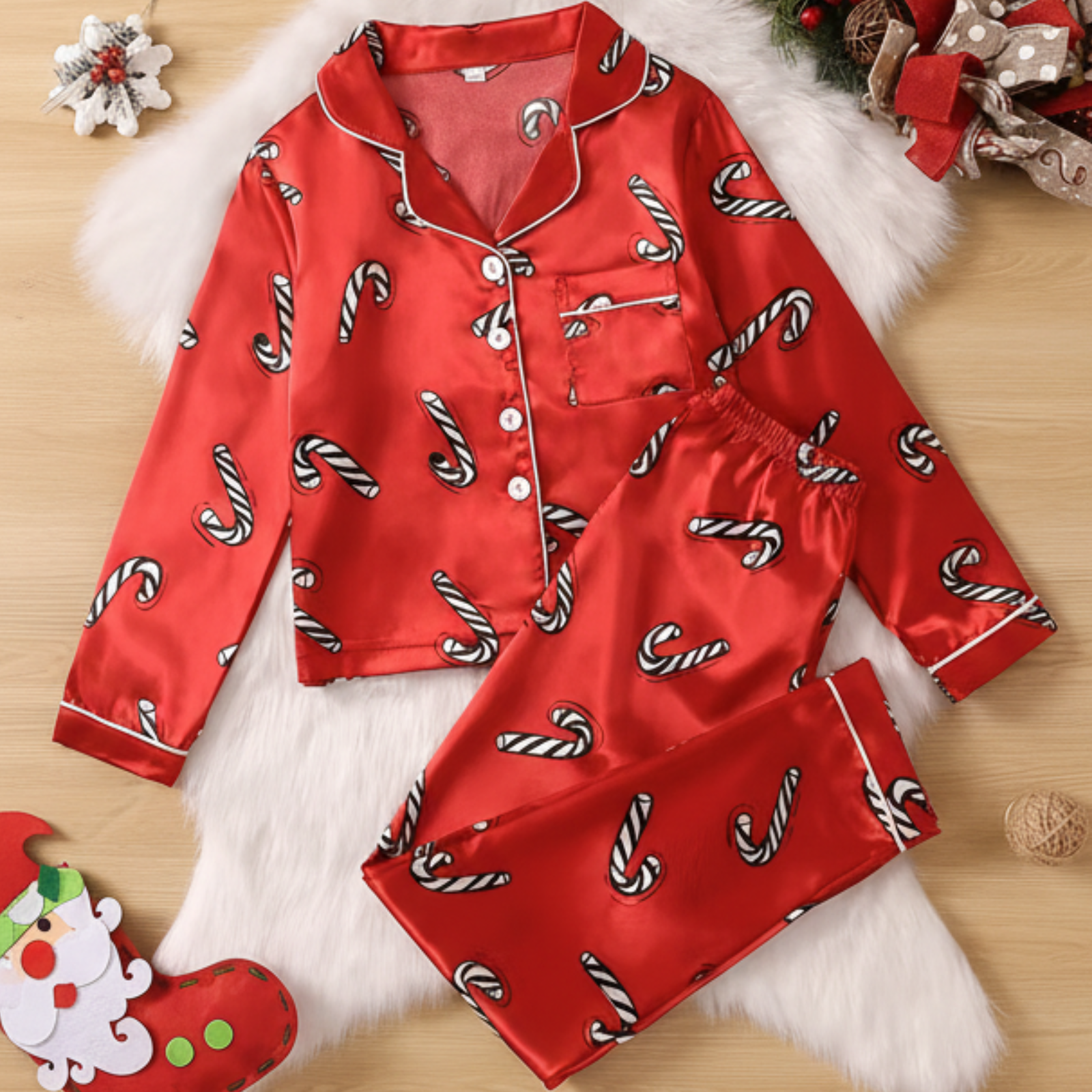 Candy Cane Themed Satin Christmas Pajama Set For Kids