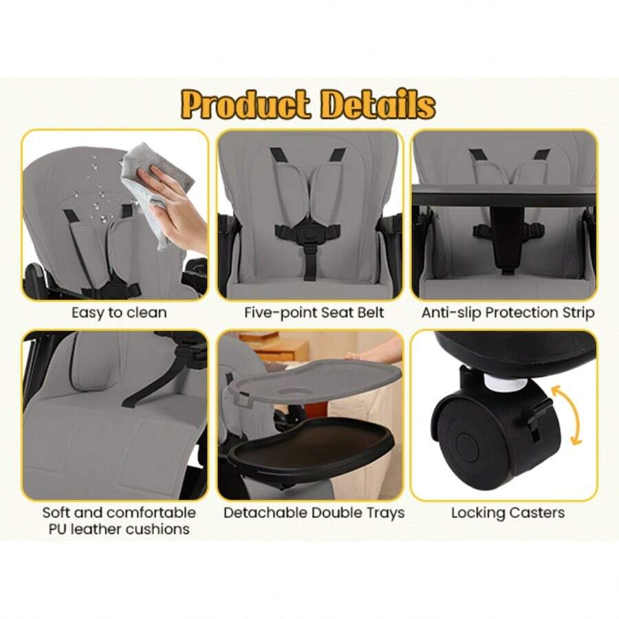 Baby High Chair6-In-1 Foldable Baby High Chair For 0-36 Months - 5 Height Adjustable Convertible Infant Toddler Feeding Chair, Removable Easy-Clean Tray & Locking Wheels, Soft PU Seat High Chair With Safety Harness, Multi-Stage High Chair For Home Dining, Travel & Small Spaces, Available In 6 Colors(The Best Christmas Gift For Children) - Dark Gray + Universal Wheel - View 10