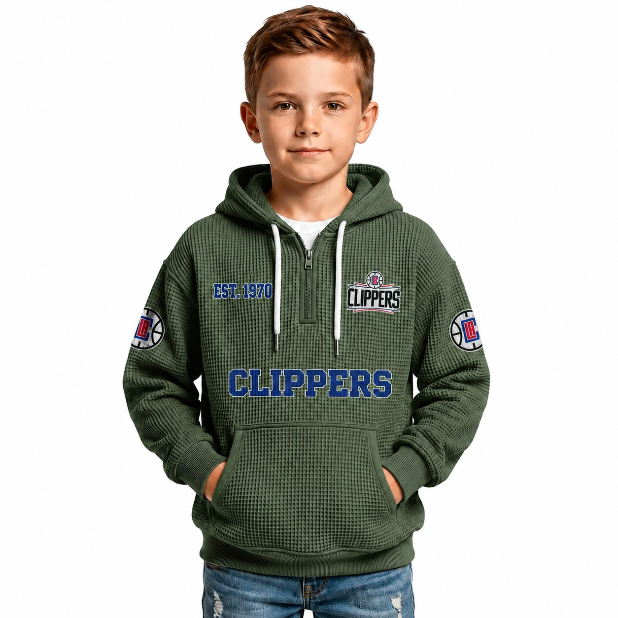 LA Clippers EST 1970 Printed Waffle Quarter Zip Basketball Fan Hoodie For Kids