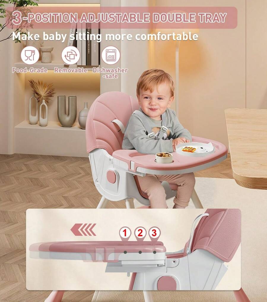 Cochildor 5-In-1 Convertible Baby High Chair - Foldable, Adjustable Height Booster Seat With Removable PU Cushion & Tray | For Babies & Toddlers  | No Wheels | Pink, Beige, Green - Pink - View 3