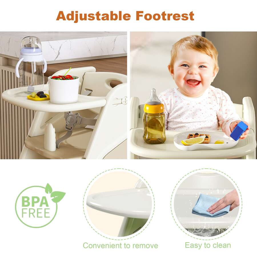 3-In-1 Adjustable Baby High Chair , Multi Functional Growing Up Dining Chair- 5-Point Safety Belt, Removable Dinner Plate, Non-Slip Feet For Kids Eating & Feeding - White+ Charcoal - View 5