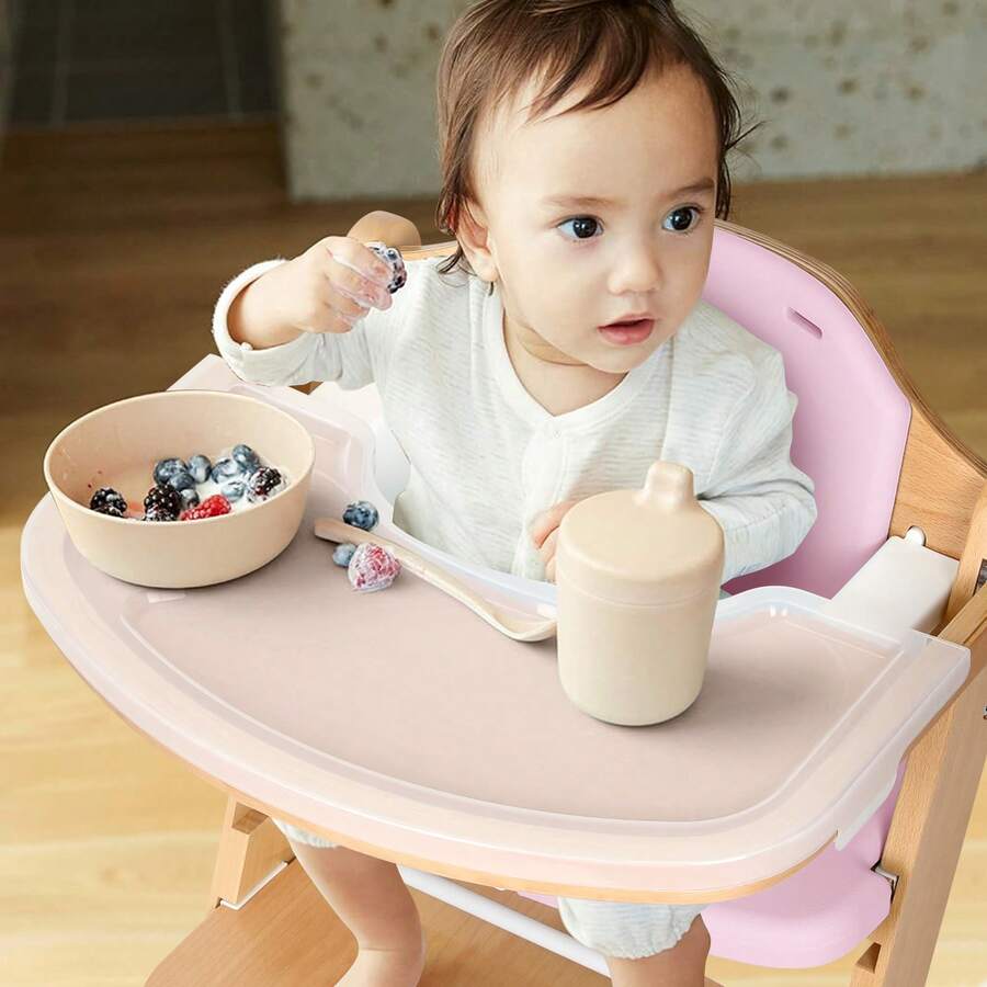 3-In-1 Convertible Wooden High Chair For Babies & Toddlers, Toddler Feeding High Chair With 3-Tier Remove, 2 Adjustable Wood Tray, 8 Levels Adjustable, Gray Cushion And Harness, Pink - Pink - View 7