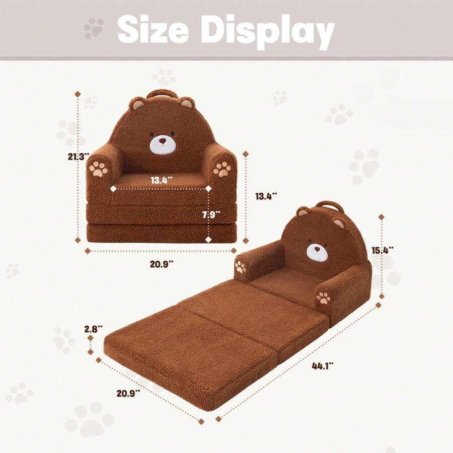 Kids Couch, 2-In-1 Convertible Soft Sherpa Fabric, Toddler Chairs Comfy 1-5 Years Old, Cartoon Animal & Crown Design, Toddler Furniture For Bedroom And Playroom, Bear, Medium - Brown Bear 30% Off - View 2