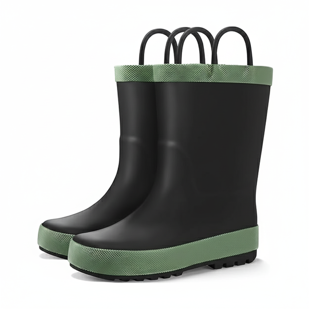 Kids Waterproof Rubber Rain Boots With Easy On Handles