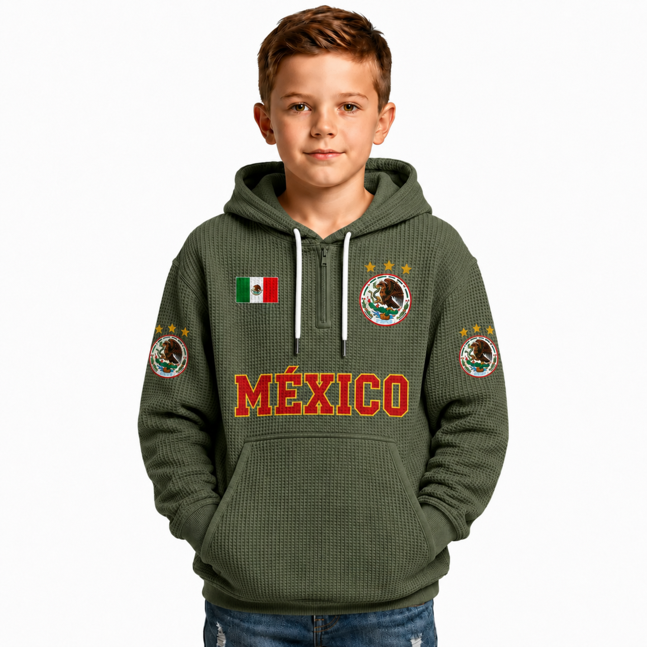 Mexico Printed Waffle Quarter Zip Football Fan Hoodie For Kids