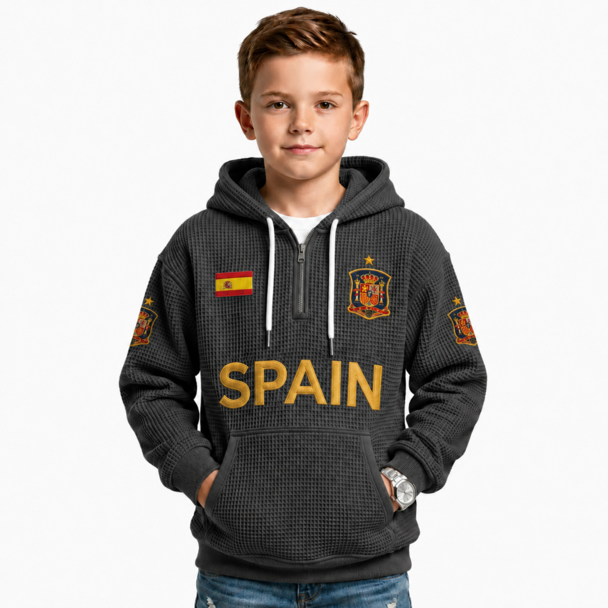Spain Printed Waffle Quarter Zip Football Fan Hoodie For Kids
