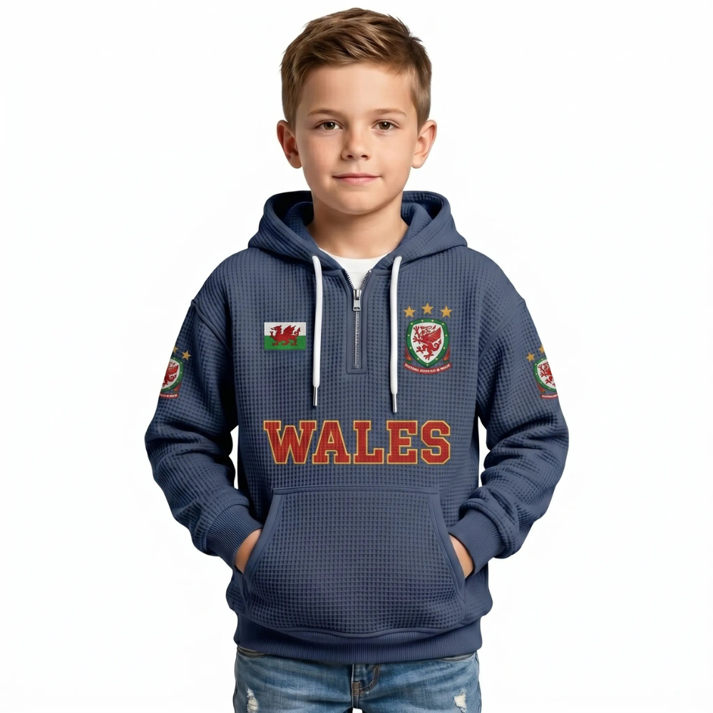 Wales Printed Waffle Quarter Zip Football Fan Hoodie For Kids