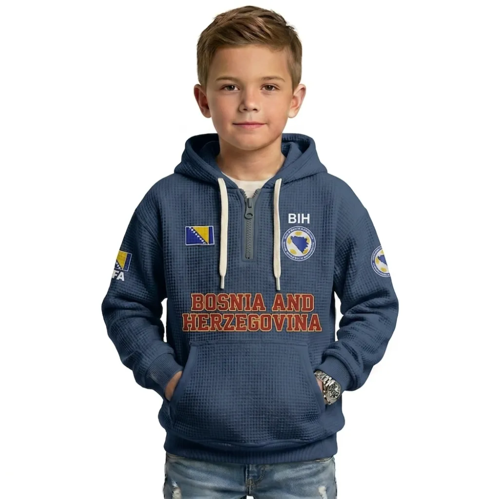 Bosnia And Herzegovina Printed Waffle Quarter Zip Football Fan Hoodie For Kids