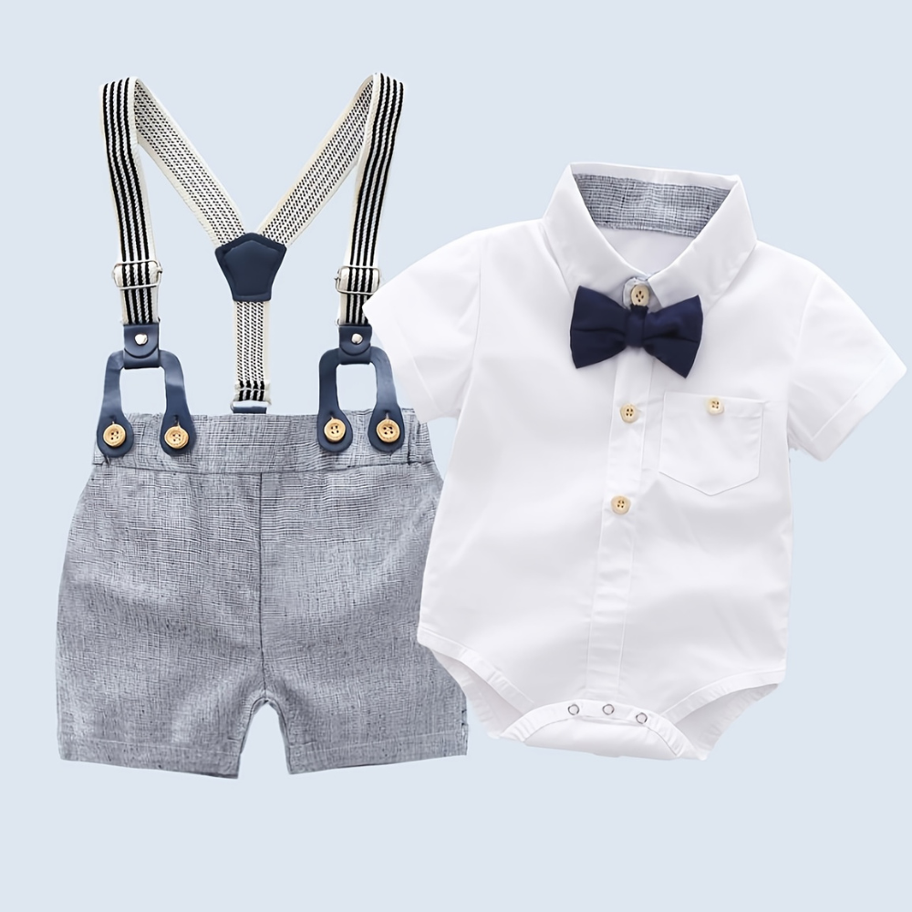 Formal Style Shirt With Bow Tie And Suspenders Shorts Set