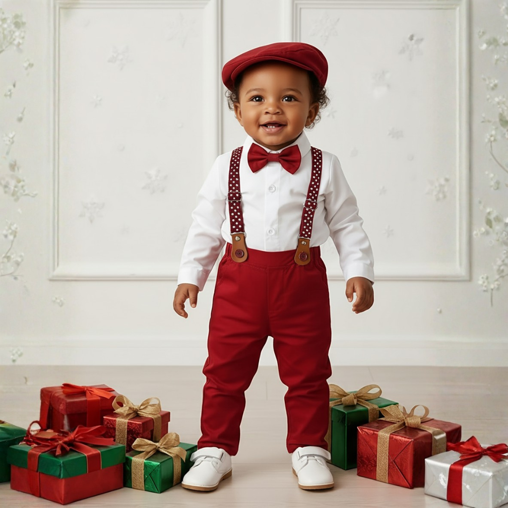 Two Piece Outfit With Bow Tie And Suspenders For Boys