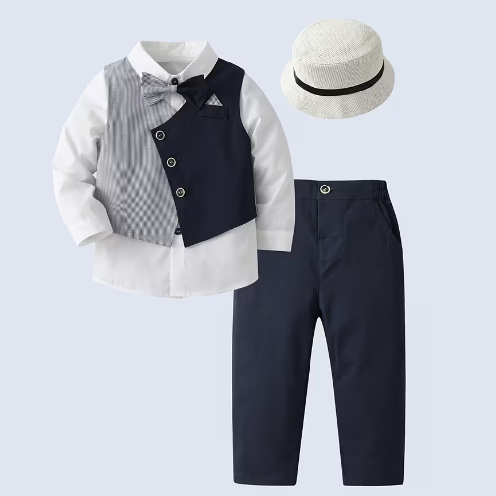Four Piece Outfit Set With Long Sleeve Shirt with Bow Tie Vest And Pants