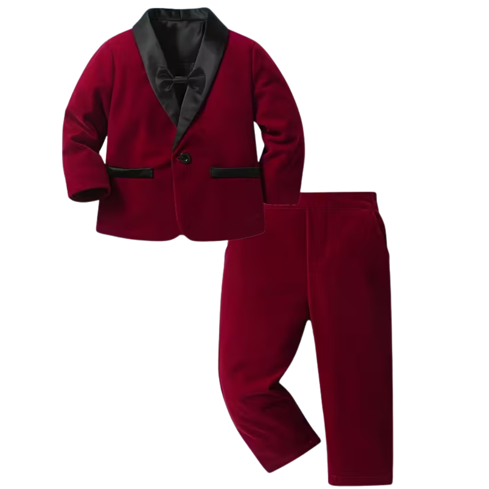 2 Piece Of Velvet Gentleman Suit Jacket With Bow Tie And Pants Set For Baby Boys