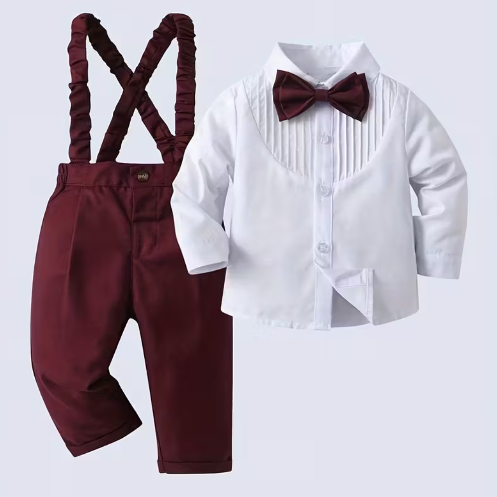 2 Piece Of Formal Outfit With Bow Tie Shirt And Suspender Pants Set For Baby Boys