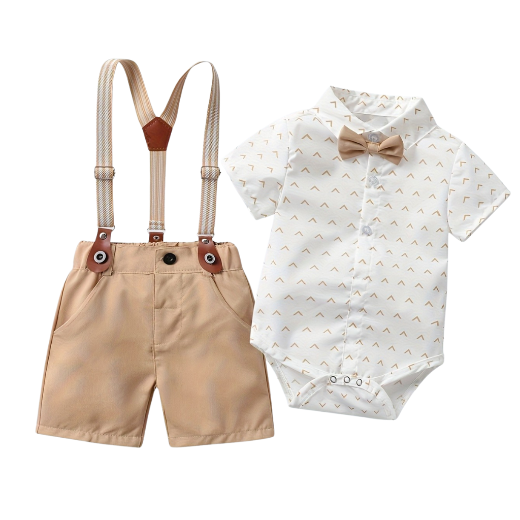 2 Piece Short Sleeved Collared Shirt With Bow Tie Set