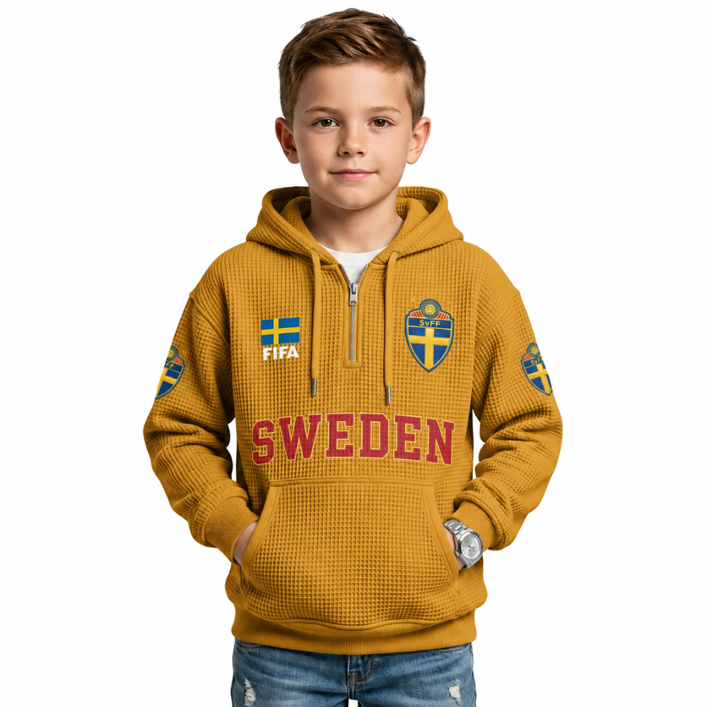 FIFA 2026 Sweden Printed Waffle Quarter Zip Football Fan Hoodie For Kids