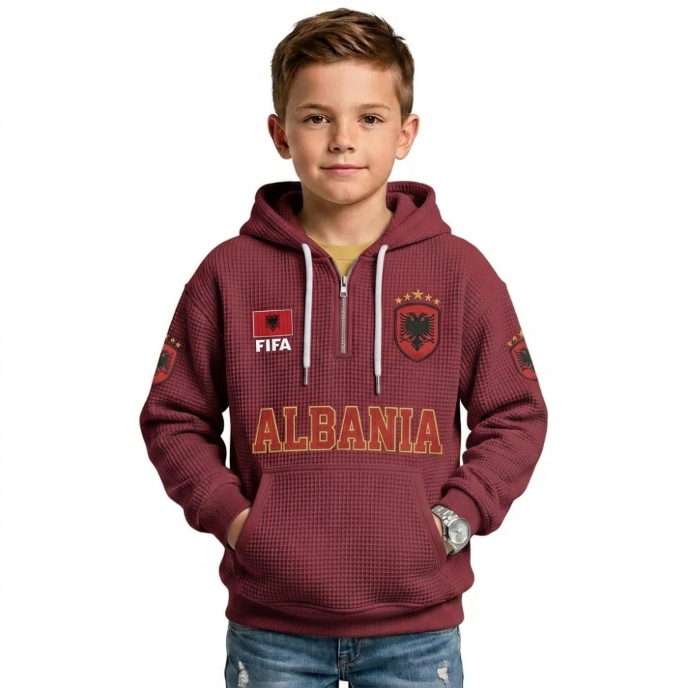FIFA 2026 Albania Printed Waffle Quarter Zip Football Fan Hoodie For Kids