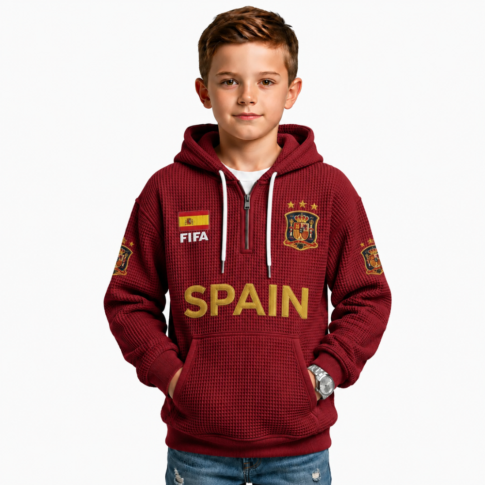 FIFA 2026 Spain Printed Waffle Quarter Zip Football Fan Hoodie For Kids