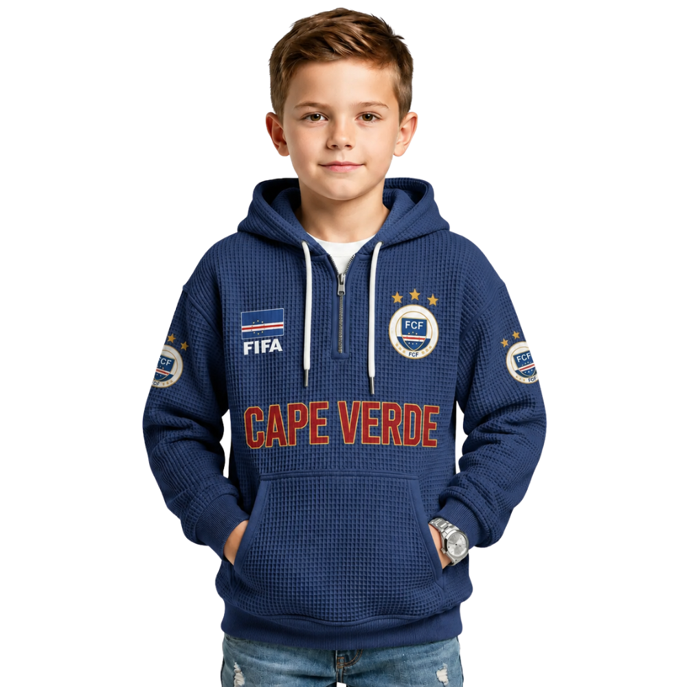 FIFA 2026 Cape Verde Printed Waffle Quarter Zip Football Fan Hoodie For Kids