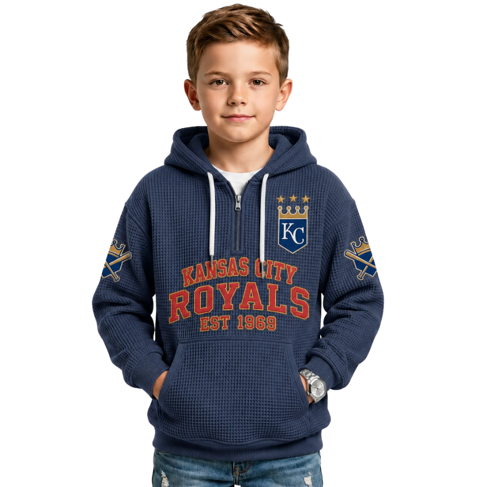 Kansas City Royals EST 1969 Printed Waffle Quarter Zip Baseball Fan Hoodie For Kids