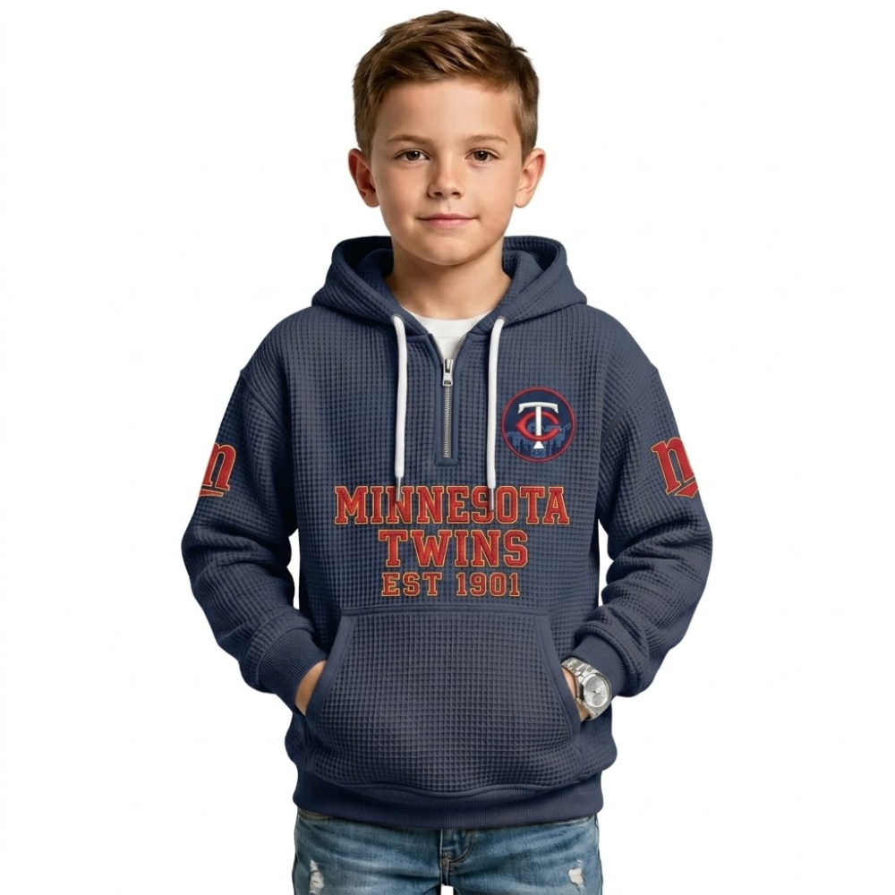 Minnesota Twins EST 1901 Printed Waffle Quarter Zip Baseball Fan Hoodie For Kids