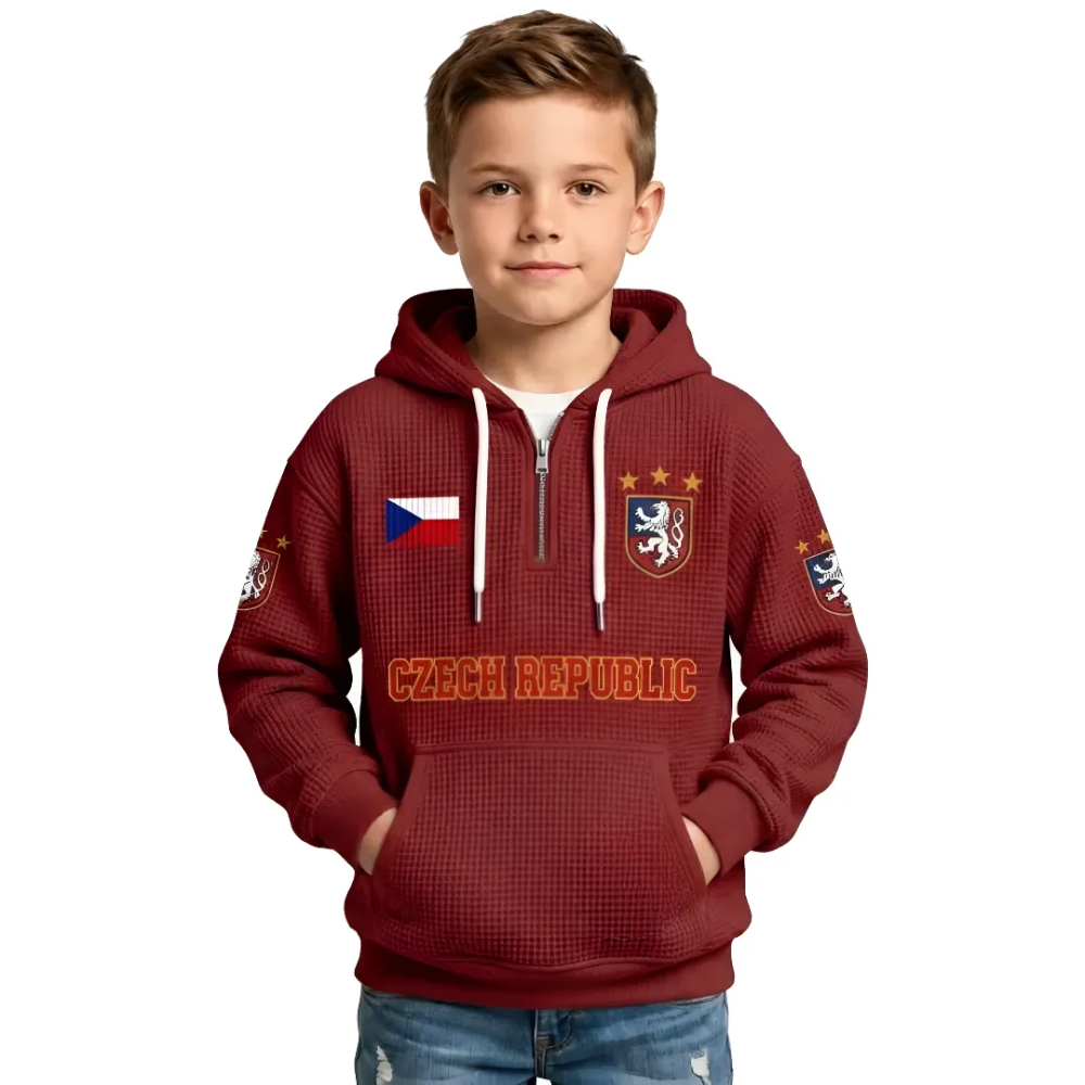 Czech Republic Printed Waffle Quarter Zip Football Fan Hoodie For Kids