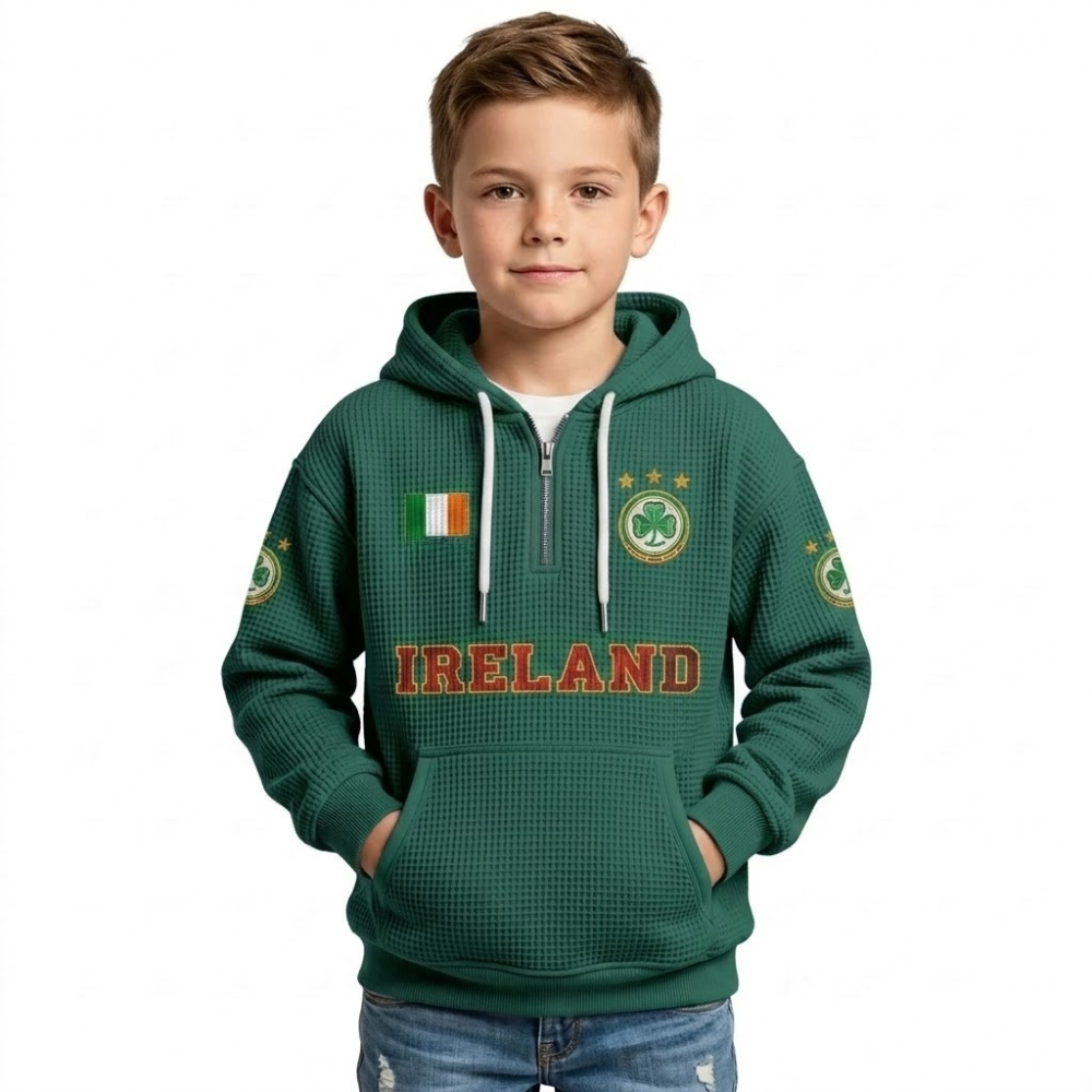 Ireland Printed Waffle Quarter Zip Football Fan Hoodie For Kids