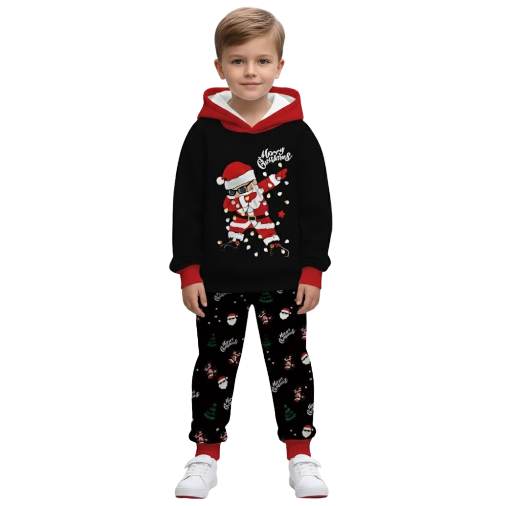 Santa Print Kids Hoodie Pants Set