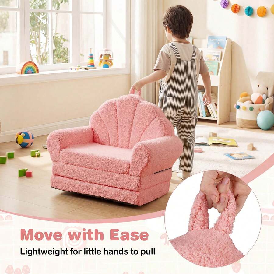 Fold-Out Kids Sofa 2-In-1 Convertible Toddler Couch & Lounger With Non-Slip Base Beige/Green/Pink - Pink - View 3