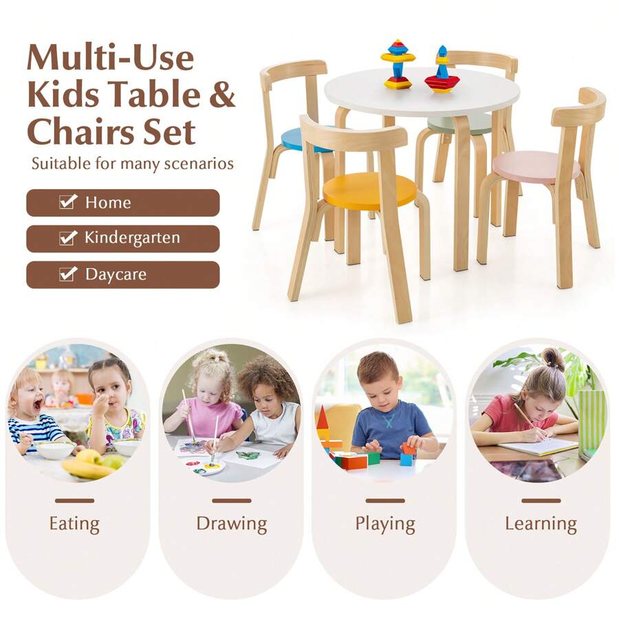 Homasis 5-Piece Kids Wooden Curved Back Activity Table & Chair Set - Multicolor - View 5