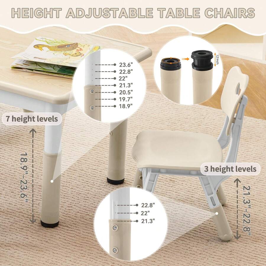 Kids Study Table And Chairs Set, Height Adjustable Toddler Table And Chair Set For Kids Ages 3-8, 23.6" L X 23.6" W Graffiti Desktop Plastic Children Art Table With 2 Seats - Wood Color - View 2