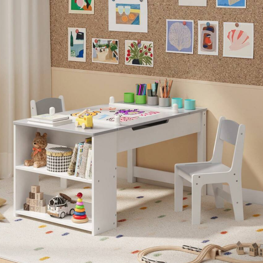 Multipurpose Kids Play Table And Chair Set With Built In Storage Shelves