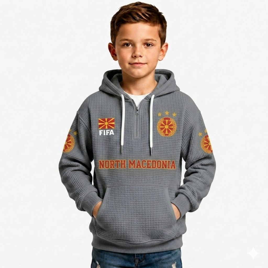 FIFA 2026 North Macedonia Printed Waffle Quarter Zip Football Fan Hoodie For Kids