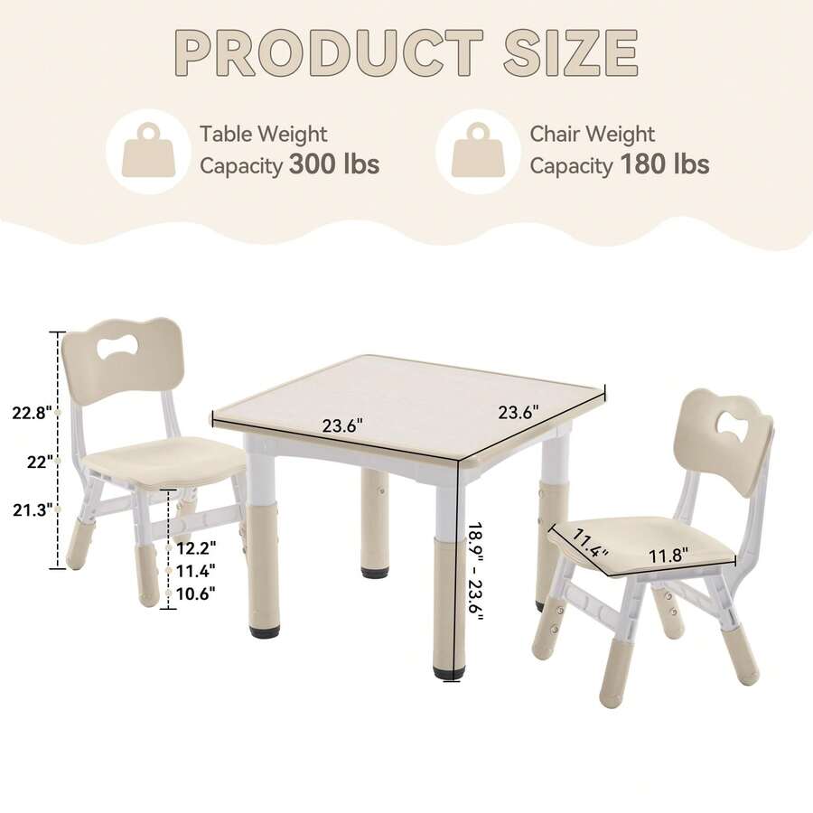 Kids Study Table And Chairs Set, Height Adjustable Toddler Table And Chair Set For Kids Ages 3-8, 23.6" L X 23.6" W Graffiti Desktop Plastic Children Art Table With 2 Seats - Wood Color - View 3