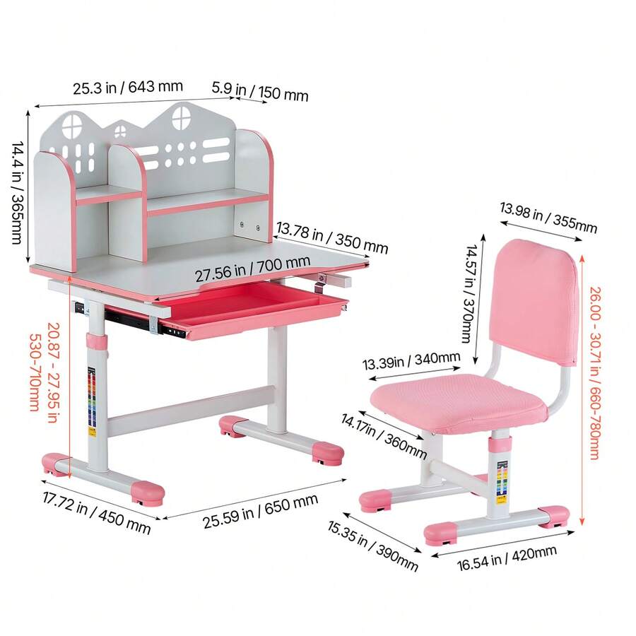 Children's Study Chair And Desk Set, Children's Study Desk And Chair With Bookshelf And Storage Drawer, Children's Study Desk And Chair With Adjustable Height, 0-40&deg; Tilting Tabletop Desk And Chair, Children's Study Desk, Suitable For Bedroom And Study Room, Pink, Blue - Height-adjustable Children's Study Table and Chair, Children's Study Table, Pink - View 10