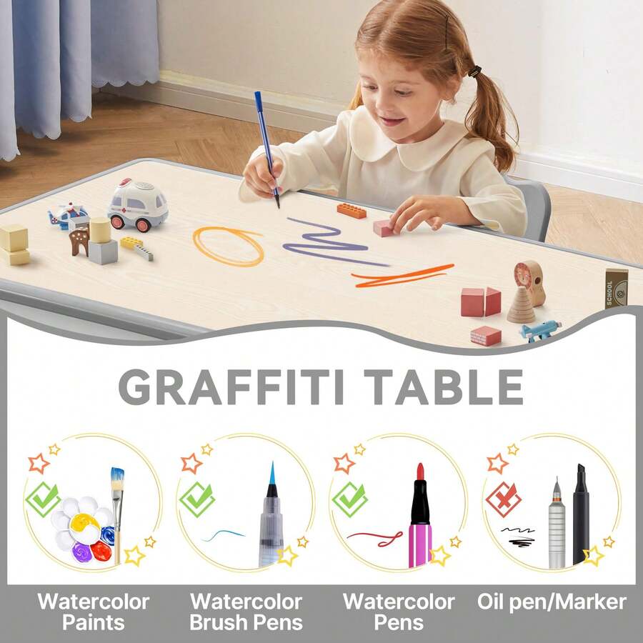 Kids Study Table And Chairs Set, Height Adjustable Toddler Table And Chair Set For Kids Ages 3-8, 31.5" L X 23.6" W Graffiti Desktop Plastic Children Art Table With 4 Seats - Grey - View 4