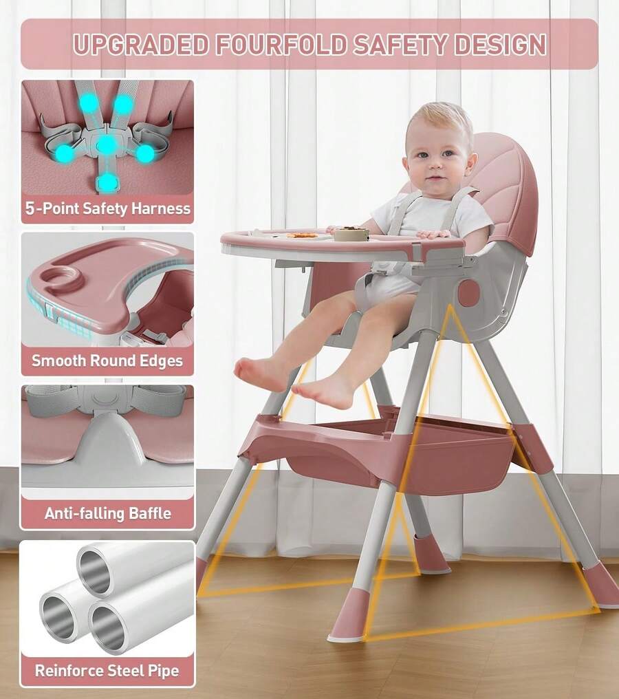 Cochildor 5-In-1 Convertible Baby High Chair - Foldable, Adjustable Height Booster Seat With Removable PU Cushion & Tray | For Babies & Toddlers  | No Wheels | Pink, Beige, Green - Pink - View 2