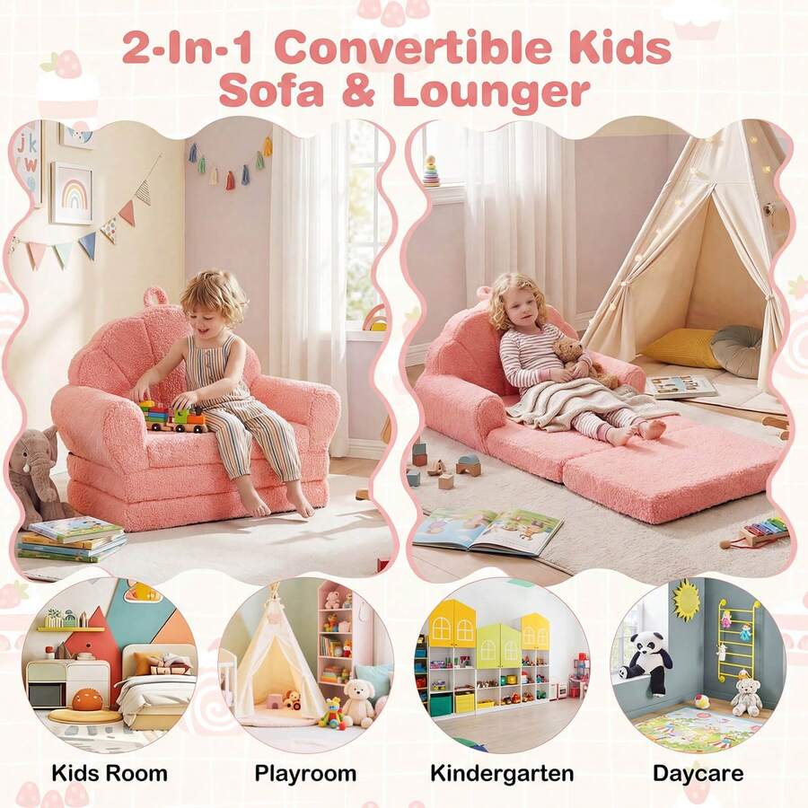 Fold-Out Kids Sofa 2-In-1 Convertible Toddler Couch & Lounger With Non-Slip Base Beige/Green/Pink - Pink - View 9