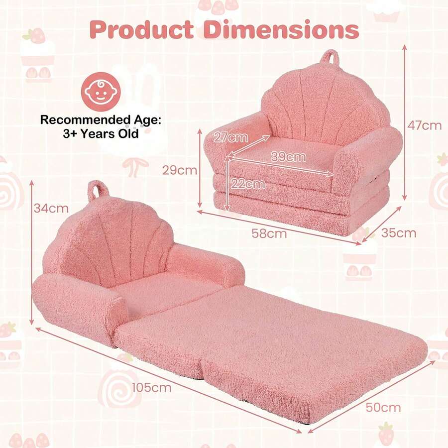 Fold-Out Kids Sofa 2-In-1 Convertible Toddler Couch & Lounger With Non-Slip Base Beige/Green/Pink - Pink - View 7