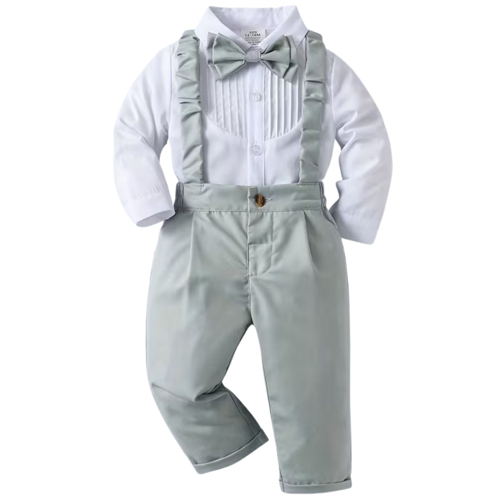 2 Piece Of Gentleman Outfit With Bow Tie Shirt And Suspender Pants Set For Baby Boys