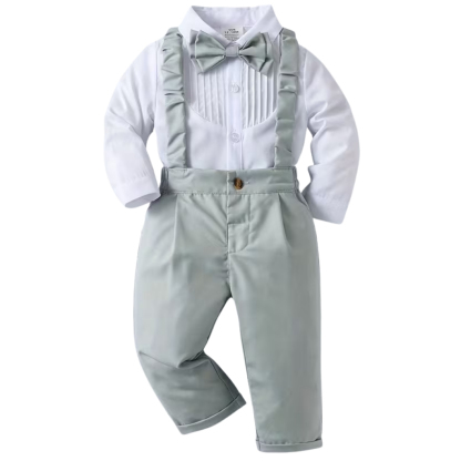 2 Piece Of Gentleman Outfit With Bow Tie Shirt And Suspender Pants Set For Baby Boys