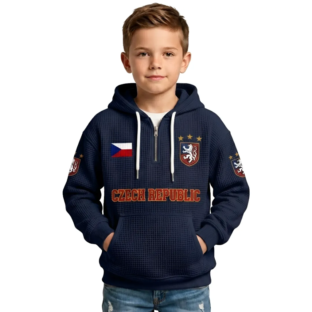 Czech Republic Printed Waffle Quarter Zip Football Fan Hoodie For Kids