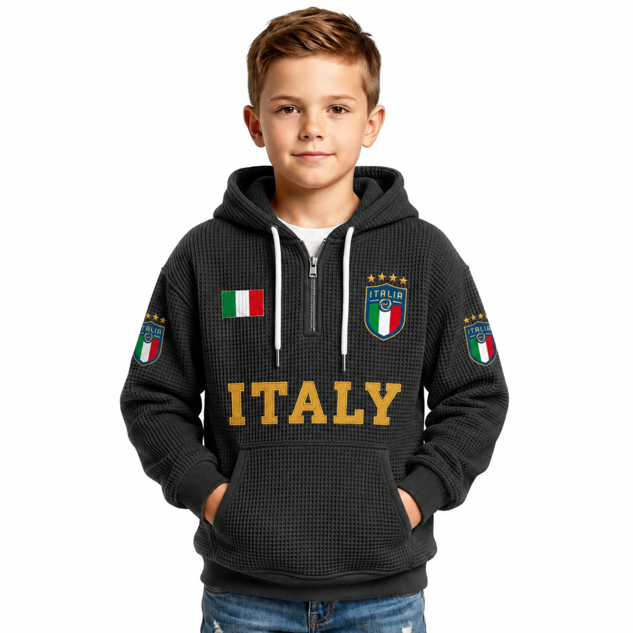 Italy Printed Waffle Quarter Zip Football Fan Hoodie For Kids
